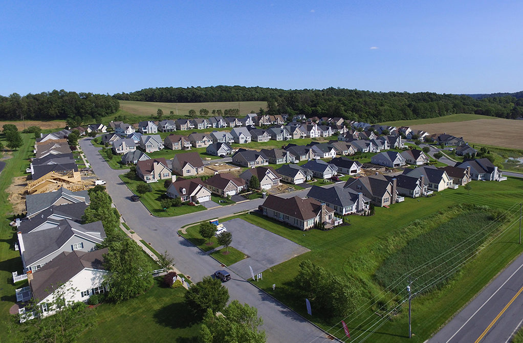 Arial view of brand new 55+ community homes at Meadow View Farms